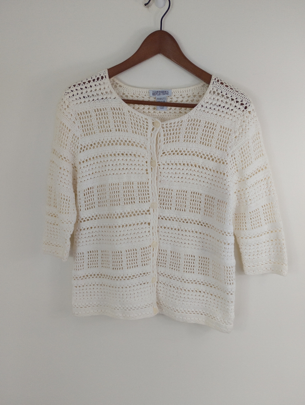 VTG Northern Reflections Crochet Knit Cardigan Cream Medium Coastal Cottagecore